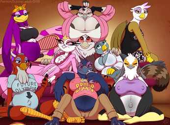 anthro beak belly big_belly big_breasts biped breasts clothed clothing crown eyewear feathered_wings feathers female female_anthro fur furniture gloves group hair handwear harem headgear huge_breasts hyper hyper_breasts looking_at_viewer male male_anthro markings mole_(marking) multiple_pregnancies non-mammal_breasts open_mouth pregnant pregnant_anthro pregnant_female simple_background sitting smile sofa sunglasses tail wings drxii aggretsuko animalympics dreamworks friendship_is_magic hasbro hellaverse helluva_boss la_pavita_pechugona my_little_pony mythology sanrio sega sonic_riders sonic_the_hedgehog_(series) the_bad_guys contessa_(animalympics) doom_(the_bad_guys) gabby_(mlp) gilda_(mlp) grimm_(grimmagent) pavita_pechugona secretary_washimi stella_(helluva_boss) wave_the_swallow accipitriform avian bird corvid corvus_(genus) crow demon falcon falconid galliform gryphon hirundinid mammal mythological_avian mythological_creature oscine owl owl_demon passerine phasianid raven secretary_bird swallow_(bird) turkey digital_media_(artwork) hi_res