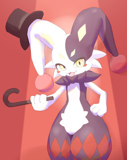 ambiguous_gender anthro bicolor_fur black_body black_fur cane clothing fur gradient_background hat headgear headwear holding_cane holding_object jester long_ears looking_at_viewer pupils ruff simple_background slit_pupils smile solo spotlight standing tongue tongue_out top_hat white_body white_fur yellow_eyes eunna palworld pocketpair dupin_(pal) lagomorph leporid mammal pal_(species) rabbit 2026 absurd_res digital_media_(artwork) full-length_portrait hi_res portrait