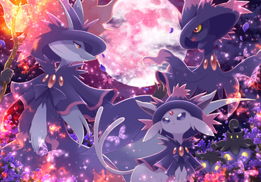 ambiguous_gender anthro clothing ear_tuft fangs feral fingers fire full_moon fur gem glowing glowing_eyes group hat headgear headwear holding_object holidays moon night purple_body purple_eyes purple_fur purple_inner_ear red_eyes red_nose smile teeth tuft white_body white_fur witch_hat yellow_eyes yellow_sclera halloween nintendo pokemon arthropod butterfly canid canine delphox eeveelution espeon felid generation_2_pokemon generation_4_pokemon generation_6_pokemon ghost insect lepidopteran mammal mismagius pokemon_(species) pumpkaboo shiny_pokemon spirit