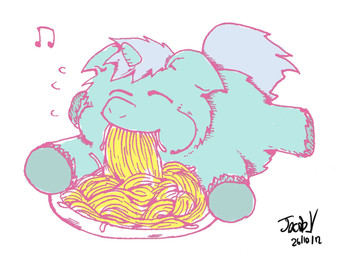1_horn ambiguous_feral ambiguous_gender blue_body blue_fur blue_hooves blue_horn bodily_fluids dish eating eating_food eyes_closed feral flying_sweatdrops food fur hair happy hooves horn lying musical_note musical_symbol on_front pasta pink_line_art simple_background smile solo spaghetti sweat sweatdrop symbol tail text white_background white_hair white_tail young young_ambiguous young_feral jacob_v fluffy_pony mythology equid equine fluffy_pony_(species) mammal mythological_creature mythological_equine unicorn 2012 artist_name colored_line_art dated digital_media_(artwork)