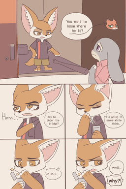 anthro baseball_bat bat_(object) bodily_fluids brown_body brown_eyes brown_fur cross-popping_vein dialogue duo fur grey_body grey_fur inner_ear_fluff interrobang looking_at_another purple_eyes speech_bubble tears text tuft vein fchicken disney zootopia finnick_(zootopia) judy_hopps canid canine fennec_fox fox lagomorph leporid mammal rabbit true_fox 2020 2:3 comic english_text hi_res