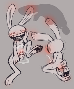 anthro balls blush bodily_fluids butt cum cum_on_belly cum_on_body cum_on_face cumshot ears_up ejaculation feet genital_fluids genitals male masturbation penis puddle rear_view small_balls small_penis smile solo tail platypusbill sam_and_max max_(sam_and_max) lagomorph leporid mammal rabbit hi_res