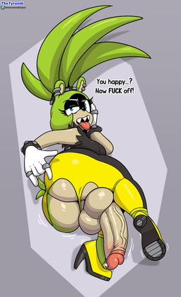 annoyed anthro balls big_balls big_butt big_penis blue_eyes bodily_fluids bottomwear butt clothing crossgender ear_piercing ear_ring eyebrows eyelashes footwear ftg_crossgender fti_crossgender genital_fluids genitals glistening glistening_genitalia glistening_penis gloves green_hair gynomorph gynomorph_anthro hair handwear high_heels humanoid_genitalia humanoid_penis intersex intersex_anthro looking_at_viewer pants penis piercing precum profanity ring_piercing sharp_teeth shoes solo teeth text tongue tongue_out torn_clothing vein thetyrant idw_publishing sega sonic_the_hedgehog_(comics) sonic_the_hedgehog_(idw) sonic_the_hedgehog_(series) surge_the_tenrec afrosoricid mammal tenrec absurd_res english_text hi_res