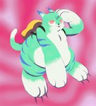 abstract_background ambiguous_gender anthro backpack backpack_only barefoot belly big_feet big_hands blue_stripes feet green_body green_hair hair male multicolored_body pink_background scratching_head simple_background solo striped_body stripes tail whiskers boarboy domestic_cat felid feline felis mammal absurd_res hi_res