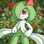 1:1 2024 blurred_background blush female flashing flower generation_3_pokemon genitals happy kirlia looking_at_viewer narrow_hips nintendo nude plant pokemon pokemon_(species) pussy scarr_(artist) seductive smile solo standing thin_thighs