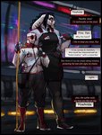 anthro boots clothing duo ear_piercing eyewear fanny_pack female fingerless_gloves footwear glasses gloves handwear male piercing shirt shoes text topwear s_miles_art human lagomorph leporid mammal rabbit absurd_res english_text hi_res