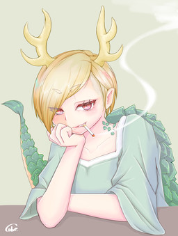 antlers arm_support blonde_hair blue_clothing blue_shirt blue_topwear cigarette cigarette_in_mouth clothing eyebrow_through_hair eyebrows female green_body green_scales grin hair head_on_hand horn leaning_on_elbow looking_at_viewer object_in_mouth red_eyes scales shirt short_hair simple_background smile smoke smoking smoking_cigarette solo tail tail_tuft topwear translucent translucent_hair tuft yellow_antlers cube85 mythology touhou yachie_kicchou animal_humanoid dragon dragon_humanoid eastern_dragon eastern_dragon_humanoid humanoid mythological_creature mythological_scalie scalie hi_res signature