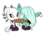 anthro big_breasts breasts chibi clothing cookie duo ear_rub female fin food green_body headpat horn huge_breasts legwear male nun priest stockings white_body furball dunedo_alfredo meeya_(furball) goblin humanoid kobold reptile scalie 2024 5:4