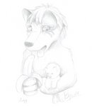 anthro banana bodily_fluids clothed clothing facial_markings food fruit hair head_markings looking_down male markings open_mouth plant plushie saliva saliva_string short_hair simple_background solo squire teddy_bear tongue tongue_out topless white_background acey canid mammal graphite_(artwork) greyscale half-length_portrait monochrome portrait signature traditional_media_(artwork)