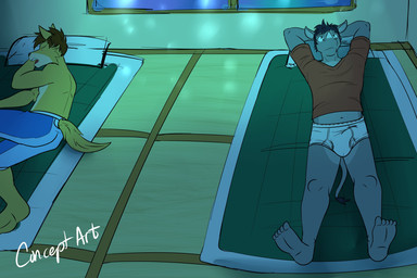 anthro awake barefoot brief briefs bulge butt clothed clothing detailed_bulge duo erection erection_under_clothing feet genital_outline hands_behind_head horn looking_up lying male navel night on_back on_side open_mouth penis_outline pillow shadow shirt sketchy sleeping sleeping_on_floor tail teeth thinking thoughtful_expression tighty_whities topless topwear underwear white_briefs white_clothing white_underwear window wolf_tail fuze you_make_my_heart_rumble kameron_(fuze) ryley_(fuze) canid canine canis mammal rhinoceros wolf 3:2 colored_sketch hi_res shaded sketch