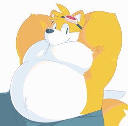 anthro belly biped black_nose bottomwear clothing male overweight overweight_male pants simple_background sitting solo white_background white_body greenendorf sega sonic_the_hedgehog_(series) miles_prower canid canine fox mammal 2015