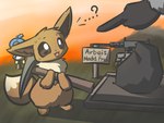 confusion female feral mine pickaxe slave yuumisocute nintendo palworld pocketpair pokemon avian bird canid canine eevee fox generation_1_pokemon mammal pal_(species) penguin pengullet pokemon_(species) hi_res