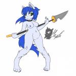 anthro barefoot big_breasts biped blue_hair blue_tail breasts casual_nudity feet female fluffy fluffy_tail fur genitals glaive green_eyes hair looking_at_viewer melee_weapon nipples nude polearm pussy simple_background slightly_chubby solo standing tail thick_thighs weapon white_body white_fur alonwoof meyk bare_sands alon canid canine canis lobani mammal wolf 2019 absurd_res digital_media_(artwork) hi_res