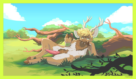 animal_genitalia animal_penis anthro antlers arm_support beckoning bedroom_eyes blonde_hair blue_sky border brown_body brown_fur brown_hooves cervine_genitalia cervine_penis cloud day dead_tree detailed_background erection eyebrows fallen_tree fangs fingers fur genitals gesture grass green_border hair hooved_fingers hooves horn leaning_on_elbow looking_at_viewer lying male medial_ring moss narrowed_eyes navel nude on_back outside penis pink_penis plant pubes seducing_viewer seductive short_hair shrub sky smile smiling_at_viewer snout solo teeth tree unguligrade vein veiny_penis white_antlers white_inner_ear dyyrlysh deer mammal 2025 aliasing aseprite_(artwork) cel_shading digital_drawing_(artwork) digital_media_(artwork) hi_res shaded