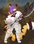 anthro areola armor big_breasts big_tail black_stripes blue_eyes bottomless breasts brown_clothing brown_headwear brown_hood clothed clothing detailed_armor dipstick_tail exposed_breasts female fur gauntlets genitals gloves grey_inner_ear_fluff hair halberd handwear headgear headwear holding_object holding_weapon hood huge_breasts hyper hyper_breasts inner_ear_fluff leg_armor legwear lips long_hair long_tail looking_aside mantle markings melee_weapon metal_armor multicolored_body multicolored_fur multicolored_tail nipple_piercing nipples orange_body orange_fur orange_tail piercing pink_areola pink_nipples pink_nose polearm purple_hair purple_lips pussy simple_background solo standing striped_arms striped_body striped_legs striped_markings striped_tail stripes tail tail_markings thick_lips thick_thighs topless tuft two_tone_body two_tone_fur unconvincing_armor weapon whiskers white_body white_breasts white_fur white_tail white_tail_tip firepawdacat_(artist) kitty_(firepawdacat) felid mammal pantherine tiger cel_shading digital_media_(artwork) hi_res shaded