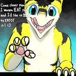 anthro black_stripes dialogue first_person_view imminent_vore licking licking_lips macro male reaching_towards_viewer solo stripes talking_to_viewer text tongue tongue_out yellow_body carbonicedragon sergal 1:1 english_text hi_res