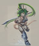 anthro breasts brown_eyes clothed clothing female fur green_hair grey_body grey_fur hair solo weapon dansyron matilda_(dansyron) mammal mouse murid murine rodent 2022 absurd_res digital_media_(artwork) hi_res sketch