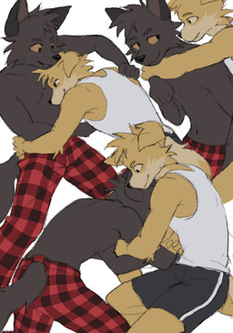 anthro black_body black_bottomwear black_clothing black_fur black_nose black_shorts bottomwear cheek_tuft clothed clothing countershade_face countershade_fur countershading duo facial_tuft featureless_chest floppy_ears fur head_tuft hug looking_at_another looking_at_partner male male/male monotone_body monotone_fur navel pants pants_only pattern_bottomwear pattern_clothing pattern_pants plaid plaid_bottomwear plaid_clothing plaid_pants playful red_bottomwear red_clothing red_pants shirt shirtless_anthro shirtless_male shorts simple_background slim_anthro slim_male smile tail tank_top topless topwear tuft white_background white_clothing white_shirt white_tank_top white_topwear wrestling yellow_body yellow_fur yellow_sclera sneasul canid canine canis domestic_dog mammal 2026 absurd_res digital_drawing_(artwork) digital_media_(artwork) hi_res