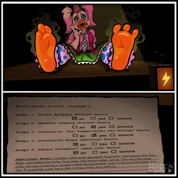 3_toes accessory anthro barefoot beak black_border blue_eyes blush bodily_fluids border clothing feathers feet feet_up female foot_focus hat headgear headwear humanoid_feet musk necktie party_hat pigtails plantigrade smelly smelly_feet soles solo stink_fumes sweat sweaty_feet text toes white_body white_feathers blarf022 five_nights_at_freddy's funko_pop! scottgames chica_(fnaf) circus_chica avian bird chicken galliform phasianid 2026 absurd_res character_request english_text hi_res