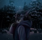 anthro black_hair clothed clothing detailed_background fluffy_ears fully_clothed fur grey_body grey_fur hair looking_at_viewer looking_back male outside plant snout snow snowing solo tree ronnie_amnesiac ronnie_amnesiac_(character) canid canine fennec_fox fox mammal procyonid raccoon true_fox 2022 blue_theme digital_drawing_(artwork) digital_media_(artwork) half-length_portrait hi_res portrait signature