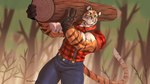 anthro barazoku big_muscles bottomwear clothed clothing denim denim_bottomwear denim_clothing dutch_angle forest fur gloves handwear holding_log holding_object holding_wood jeans log lumberjack male muscular muscular_anthro muscular_male outside pants plant shirt solo standing suspenders text topwear tree tuft walnut_(anjing) wood working anjing_kampuss felid mammal pantherine tiger 16:9 2021 hi_res url widescreen