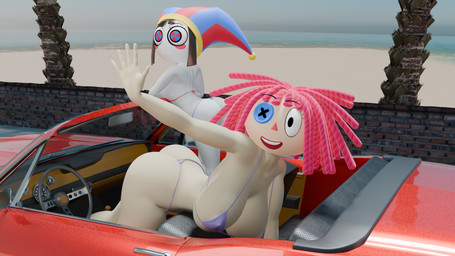 beach bent_over big_breasts bikini breasts butt car cleavage clothed clothing convertible curvy_figure duo female gesture palm_tree plant swimwear thick_thighs tree two-piece_swimsuit vehicle voluptuous waving wide_hips daemont92 glitch_productions the_amazing_digital_circus pomni_(tadc) ragatha_(tadc) humanoid 16:9 blender_(artwork) digital_media_(artwork) hi_res widescreen
