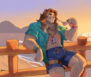 abs anthro beach biceps biped looking_at_viewer male muscular muscular_anthro muscular_male muscular_thighs one_eye_closed pecs solo sunset wink winking_at_viewer djangotheasteri epic_games fortnite kingston_(fortnite) felid lion mammal pantherine absurd_res hi_res signature