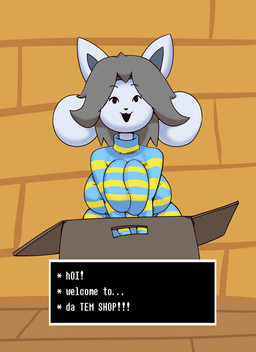 anthro black_eyes black_mouth black_nose box breasts_together cardboard cardboard_box clothed clothed_anthro clothed_female clothing container female female_anthro fur grey_hair grey_inner_ear hair open_mouth solo text white_body white_ears white_fur jacors undertale undertale_(series) temmie_(undertale) tem absurd_res english_text hi_res