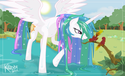 cutie_mark feathered_wings feathers female feral group hair horn lake multicolored_hair outside princess quadruped royalty solo_focus sun tail wet wings killryde friendship_is_magic hasbro my_little_pony mythology princess_celestia_(mlp) avian bird equid equine mammal mythological_creature mythological_equine winged_unicorn digital_media_(artwork) hi_res