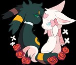 duo female feral flower fur green_body green_fur male pink_scarf plant rose_(flower) scarf simple_background transparent_background white_body white_fur bloowolfy nintendo pokemon marie_(bloowolfy) eeveelution espeon generation_2_pokemon pokemon_(species) umbreon 2023 alpha_channel hi_res