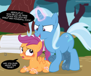 age_difference animal_genitalia animal_penis balls big_penis blush bodily_fluids cum cutie_mark duo equine_genitalia equine_penis erection feathered_wings feathers female feral genital_fluids genitals gynomorph gynomorph/female hair horn imminent_sex imminent_vaginal intersex intersex/female multicolored_hair nude on_model open_mouth penis pinned precum profanity purple_hair questionable_consent saggy_balls tail text wings young vwhiskers friendship_is_magic hasbro my_little_pony mythology scootaloo_(mlp) trixie_(mlp) equid equine horse mammal mythological_creature mythological_equine pegasus pony unicorn digital_media_(artwork) english_text