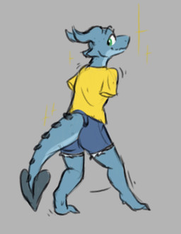 2_missing_limbs ambiguous_gender amputee anthro blue_body bottomwear clothing denim denim_bottomwear denim_clothing denim_shorts digitigrade disability femboy green_eyes missing_all_arms missing_arm shirt shorts simple_background solo spade_tail tail tail_spines topwear yellow_clothing yellow_shirt yellow_topwear cfoxblu slate_(cfoxblu) kobold scalie colored colored_sketch low_res sketch nonbinary_(lore)