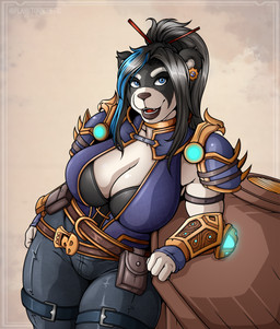 4_fingers anthro big_breasts black_body black_fur black_hair black_nose breasts clothed clothed_anthro clothed_female clothing female fingers fur hair humanoid_hands multicolored_body multicolored_fur shoulder_pads solo two_tone_body two_tone_fur white_body white_fur planktonheretic blizzard_entertainment warcraft mikoshi_(heroicryan) bear mammal pandaren 2026 hi_res
