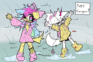 4_fingers accessory anthro backpack band-aid band-aid_on_face band-aid_on_nose bandage bandage_on_face bandage_on_nose barking black_nose blue_eyes blue_hair blush blush_lines boots bow_ribbon bracelet clothing coat coontail_hair crayon duo eyes_closed female fingers fishnet_clothing fishnet_legwear floppy_ears folded_ears footwear fur gradient_eyes green_backpack hair hair_accessory hair_bow hair_ribbon horn jewelry knee_blush legwear long_eyes long_hair multicolored_hair on_one_leg one_eye_closed onomatopoeia open_mouth outside pacifier pawpads pink_backpack pink_boots pink_bow pink_clothing pink_coat pink_eyes pink_footwear pink_hair pink_horn pink_pawpads pink_raincoat pink_topwear ponytail puddle raining raised_foot ribbons shoes sound_effects sparklefur speech_bubble standing tail text tongue tongue_out topwear unicorn_horn white_body white_fur white_tail yellow_body yellow_boots yellow_clothing yellow_coat yellow_footwear yellow_fur yellow_raincoat yellow_tail yellow_topwear young anxipup four_lung unicorn_puppie_(anxipup) bird_dog canid canine canis domestic_dog golden_retriever hunting_dog mammal retriever 2025 english_text hi_res signature