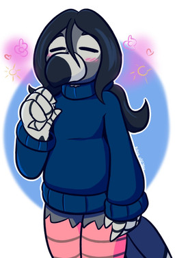 accessory anthro avian_feet beak black_beak black_body black_feathers black_hair black_stripes blue_background blue_clothing blue_sweater blue_topwear blush border bottomless clothed clothing eyes_closed feather_hands feathers flower grey_beak grey_body grey_feathers hair hair_accessory hairband heart_symbol male plant ponytail raised_arm simple_background slightly_chubby slightly_chubby_male solo standing striped_feathers stripes sun sweater topwear white_border felino pietro_(felino) avian bird columbid pigeon 2020 hi_res