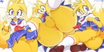 2_tails 5_fingers anthro anus asian_clothing balls barely_visible_anus big_butt blue_eyes blush bulge butt clothed clothing crossdressing dipstick_tail east_asian_clothing eyelashes femboy fingers flaccid fluffy fluffy_tail footwear fur genitals gesture hand_gesture huge_butt japanese_clothing japanese_school_uniform looking_at_viewer male markings multi_tail no_underwear open_mouth open_smile penis perineum school_uniform serafuku shoes small_penis smile socks solo tail tail_markings thick_thighs uniform v_sign yellow_body yellow_fur krokobyaka sega sonic_the_hedgehog_(series) miles_prower canid canine fox mammal 2025 2:1 digital_media_(artwork) hi_res