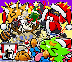 anthro blep blush chicken_leg chicken_meat christmas_clothing christmas_headwear clothing container cup female feral food fried_chicken green_body group hat headgear headwear holidays long_tongue male meat santa_hat sleeping smile tea_cup tongue tongue_out bandai_namco christmas digimon digimon_beatbreak chiropmon cougarmon digimon_(species) gekkomon pristimon scalie official_art