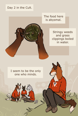 anthro bowl brown_body brown_fur container fur gloves_(marking) grass group holding_bowl holding_container holding_object male male_anthro markings orange_body orange_fur outside plant sitting solo_focus text bogcreacher cult_of_the_lamb massive_monster_(studio) bovid bovine canid canine cattle equid equine fox horse mammal red_fox true_fox 2025 absurd_res digital_drawing_(artwork) digital_media_(artwork) english_text hi_res