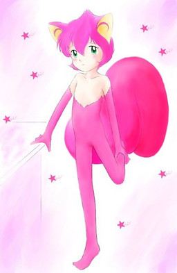 2000s_theme animal_ears blush eyebrow_through_hair eyebrows featureless_crotch female fluffy fluffy_tail fur hair on_one_leg pink_body pink_fur pink_hair solo standing star tail translucent translucent_hair young iriomoteyamanek yat_anshin_uchuu_ryokou maron_(yat_anshin_uchuu_ryokou) animal_humanoid humanoid mammal mammal_humanoid rodent rodent_humanoid sciurid sciurid_humanoid tree_squirrel_humanoid 2007 japanese_description
