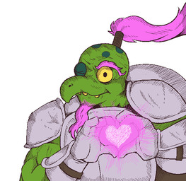 anthro armor elderly eyebrows gesture hair heart_gesture male one_eye_closed pink_hair ponytail simple_background smile solo white_background yellow_eyes signirsol deltarune hunter_x_hunter undertale_(series) gerson_boom_(deltarune) reptile scalie turtle