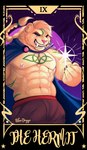 card card_template fangs fortune_telling fur green_eyes major_arcana male nipple_piercing nipples piercing shirtless_male solo tarot tarot_card tattoo teeth the_hermit_(tarot) yellow_body yellow_fur terryskaii_(artist) bear mammal absurd_res hi_res