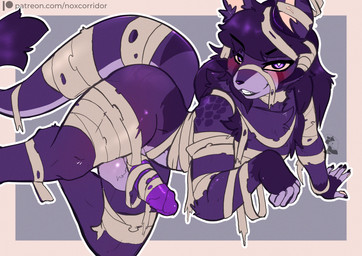 anthro balls blush erection femboy genitals hair long_hair male mummy_wrappings nude penis pose purple_body purple_eyes solo text skylosminkan beam_(centrix) hybrid absurd_res hi_res pinup url
