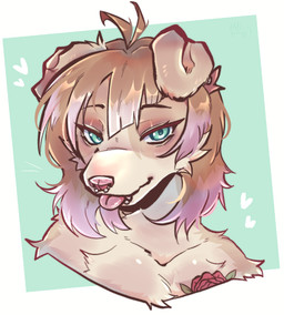 anthro brown_hair ears_down facial_piercing female flower fur green_eyes hair heart_symbol highlights_(coloring) lip_piercing looking_at_viewer multicolored_body multicolored_fur nose_piecing piercing pink_highlights pivoted_ears plant rose_(flower) simple_background solo tan_body tan_fur tongue tongue_out white_body white_fur h0t-garbage canid canine mammal headshot_portrait hi_res portrait shaded signature