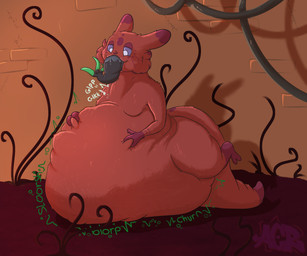 ambiguous_gender anthro belly big_belly big_tail bodily_fluids digestion_noises digitigrade duo fur gloves_(marking) gulp_(sound_effect) leg_markings markings moobs neck_bulge oral_vore overweight prey_in_mouth red_body red_fur rumbling_stomach saliva same_size_vore simple_background socks_(marking) swallowing tail unseen_prey vore awholelotofrats rain_world videocult catty_(aircooledrats) lizard_(rain_world) slugcat hi_res