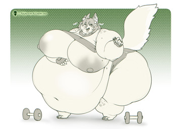 5_fingers anthro areola belly big_belly big_breasts bodily_fluids breasts breath clothed clothing exposed_breasts fat_arms fat_legs female fingerless_gloves fingers food gloves hair handwear holding_food holding_object huge_belly huge_breasts inner_ear_fluff love_handles morbidly_obese morbidly_obese_anthro morbidly_obese_female nipples obese obese_anthro obese_female open_mouth overweight overweight_anthro overweight_female panting protein_bar sharp_teeth simple_background solo standing sweat sweatdrop tail teeth thick_thighs tongue tongue_out tuft weights wide_hips fountain_malchemy canid canine mammal hi_res signature