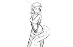 2018 anthro breasts choker clothing digital_drawing_(artwork) digital_media_(artwork) domestic_cat dress ear_piercing ear_ring felid feline felis female hair jewelry legwear mammal monochrome necklace piercing ring_piercing simple_background smile solo standing stockings tail watsup white_background