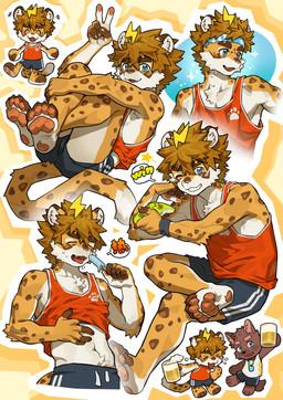 alcohol anthro beer beverage bottomwear brown_body brown_fur clothing duo expressions eyes_closed fur fur_markings happy looking_at_viewer male markings multicolored_body multicolored_fur orange_body orange_fur pawpads shirt shorts solo_focus spots spotted_body spotted_fur tail tank_top topwear two_tone_body two_tone_fur joeyzliaotang canid canine canis domestic_dog felid leopard mammal pantherine absurd_res hi_res