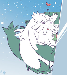 against_surface against_wall ambiguous_gender anthro biped extreme_size_difference eye_contact gloves_(marking) green_markings heart_symbol larger_ambiguous larger_anthro leg_markings looking_at_another male markings outside side_view size_difference smaller_humanoid smaller_male snow socks_(marking) white_body fuf nintendo pokemon abomasnow gallade generation_4_pokemon humanoid pokemon_(species) 2019 hi_res