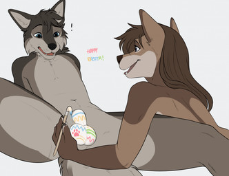 animal_genitalia anthro balls bodypaint brush duo easter_balls easter_egg female fully_sheathed genitals hair happy_easter holidays leaning_on_another long_hair male male/female paintbrush painted_balls sheath smile smiling_at_another spread_legs spreading surprised sunliine easter benji_(benji_doggo) nova_(sunliine) canid canine mammal hi_res
