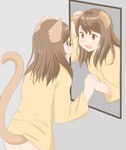 bottomless brown_hair butt clothed clothing confusion female grey_background hair looking_at_mirror looking_at_object looking_at_reflection mirror open_mouth reflection shirt simple_background solo species_transformation topwear transformation roina domestic_cat felid feline felis human mammal 2018